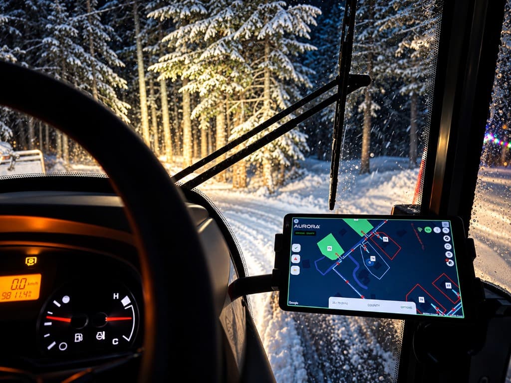 View from a Choreguys tractor cab at night on a snow-covered forest road, with the live property map glowing on the dash tablet