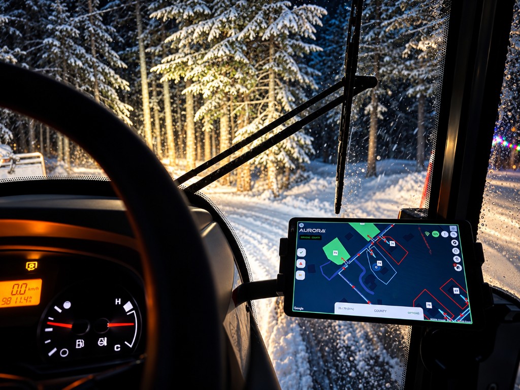 View from a Choreguys tractor cab at night on a snow-covered forest road, with the live property map glowing on the dash tablet