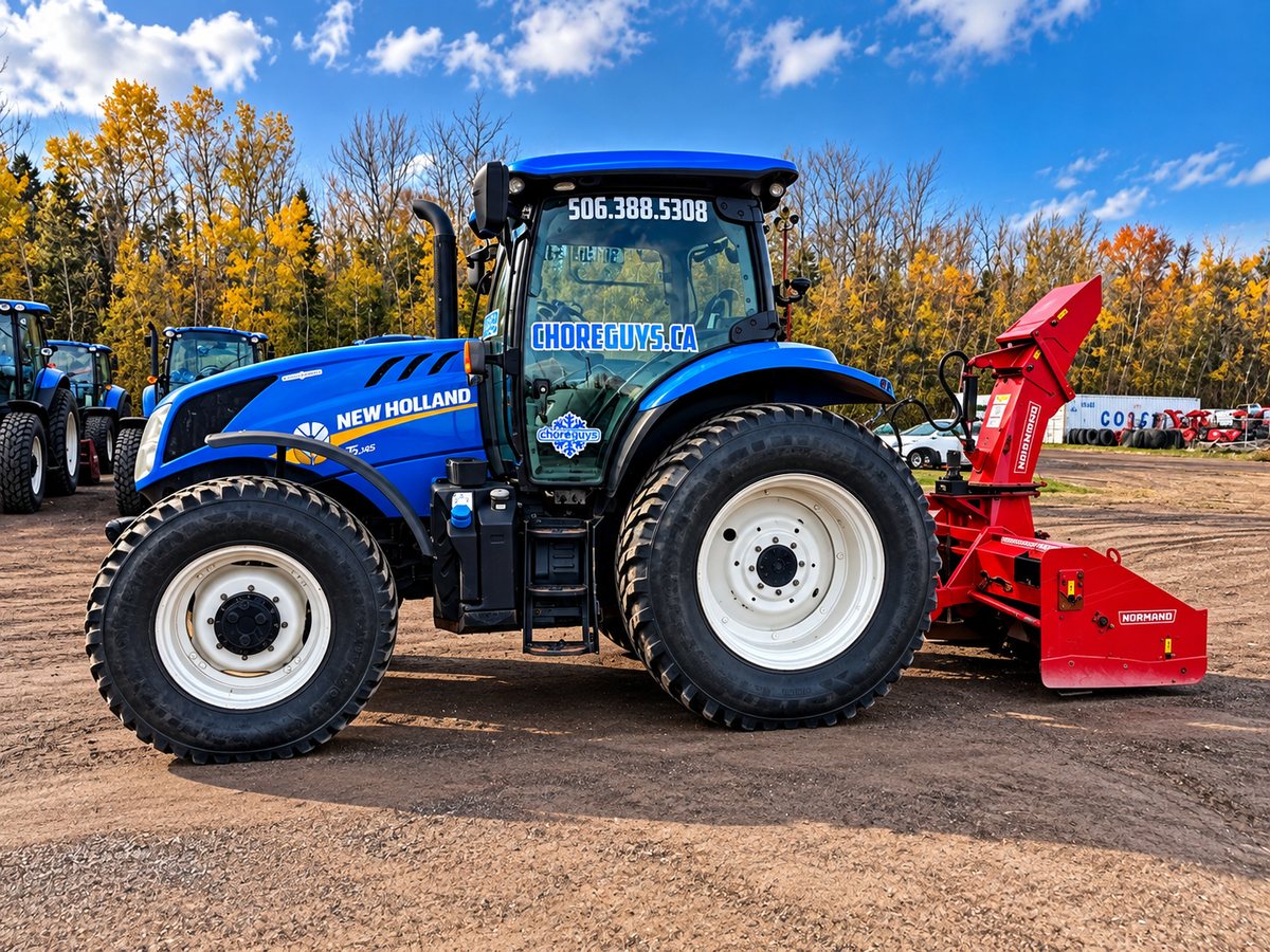 A blue Choreguys New Holland tractor with a red Normand snow blower in the yard on a fall day