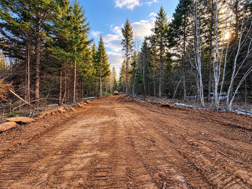 A dirt lane cut through a snowy woodlot, with a Choreguys excavator working in the distance