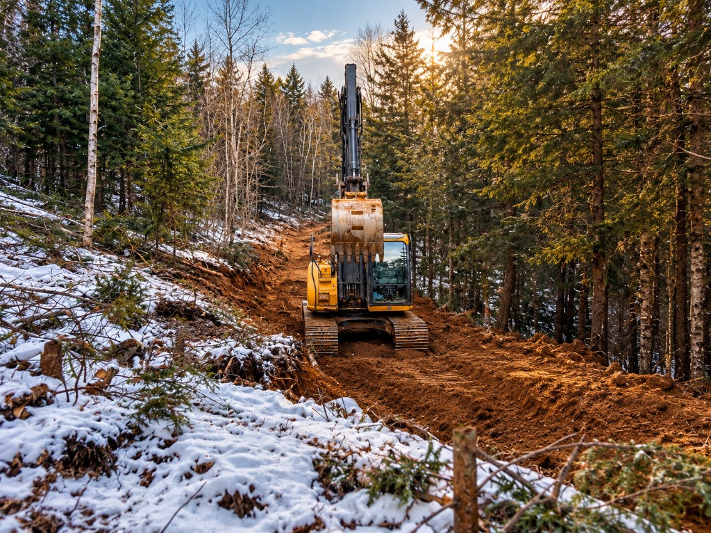 A Choreguys excavator cutting a dirt trail through a snowy woodlot, with the sun low behind the trees