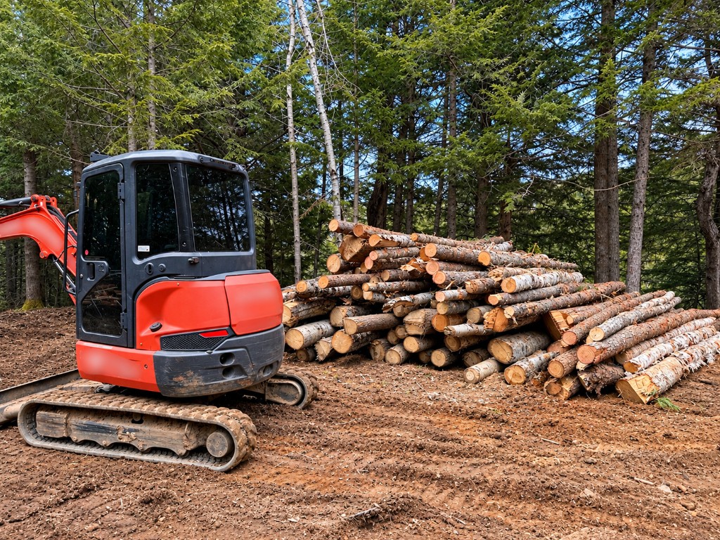 A red Choreguys excavator beside a pile of cut logs on a wooded lot, with the trees left standing behind them