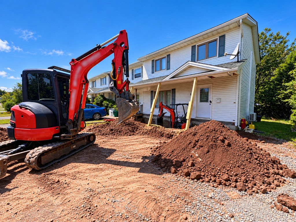 A red excavator digging beside a white house, with a pile of soil and the porch held up on posts