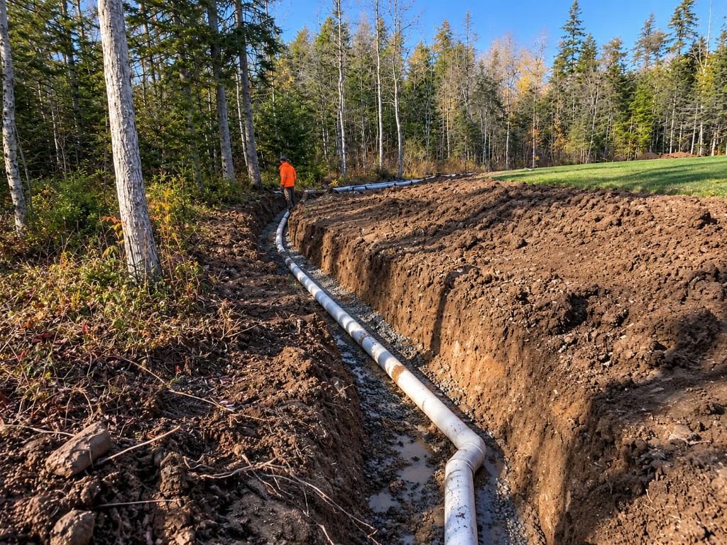 A long white drain pipe bedded in gravel along a trench, with a crew member in orange walking the line beside a birch and spruce woodlot