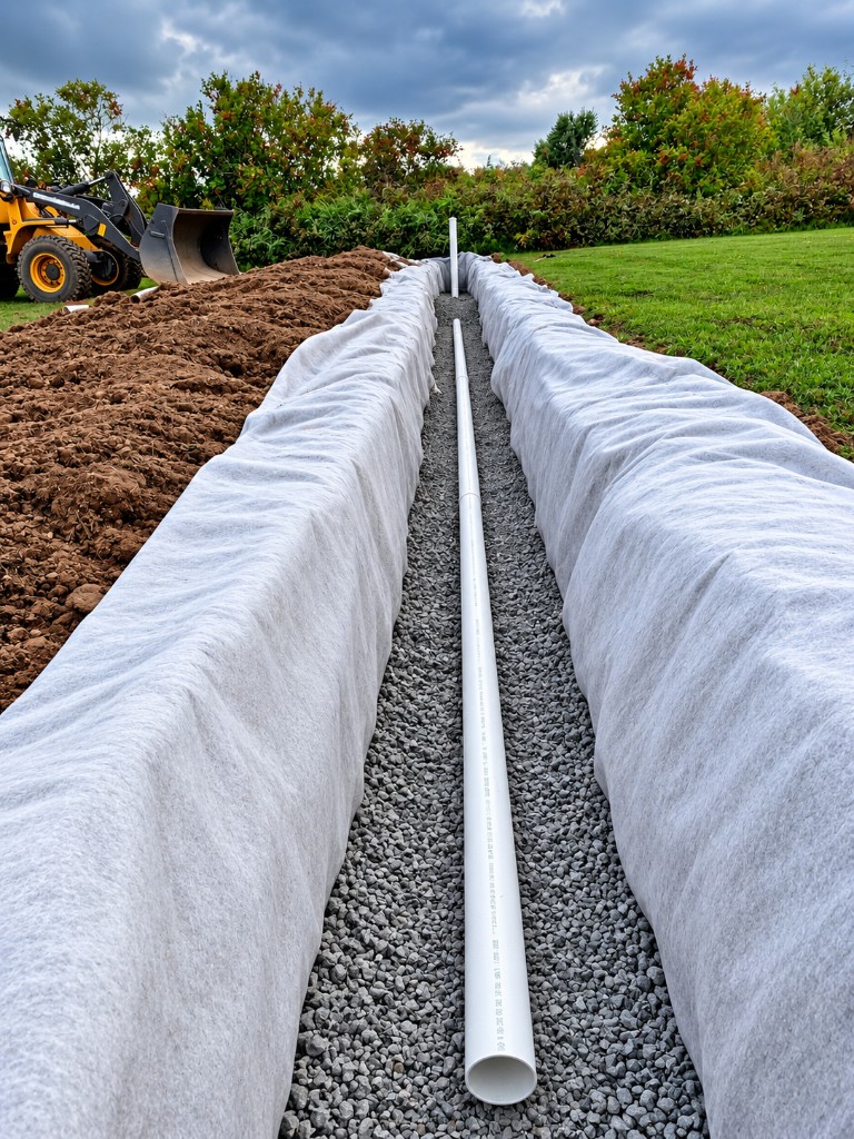 A drain trench lined with fabric and filled with gravel, with a white pipe running down the middle and a loader beside a pile of soil