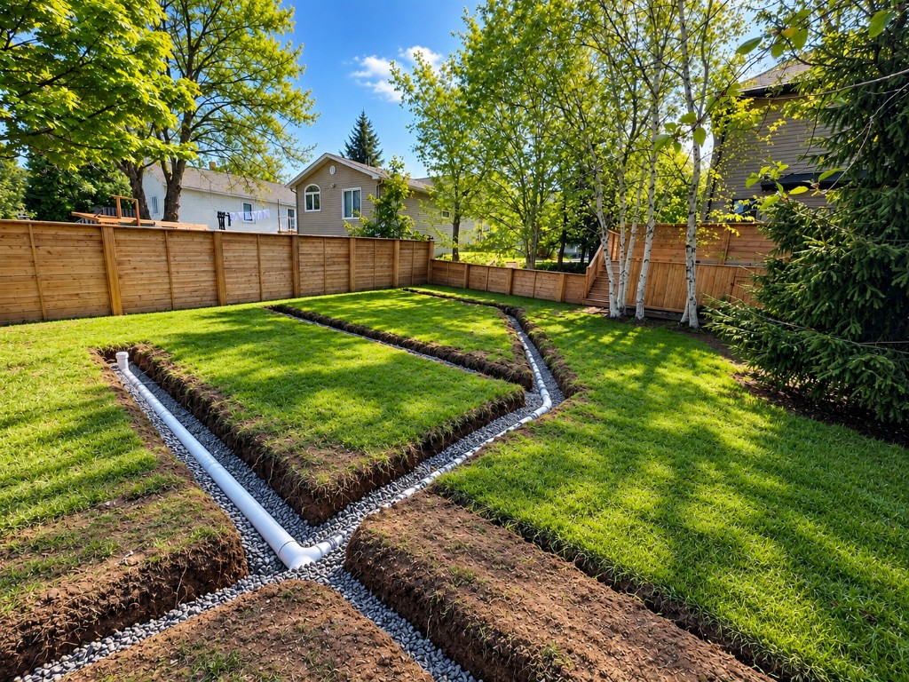 White drain pipe and stone trenches cut through a backyard, with sod lifted beside the lines