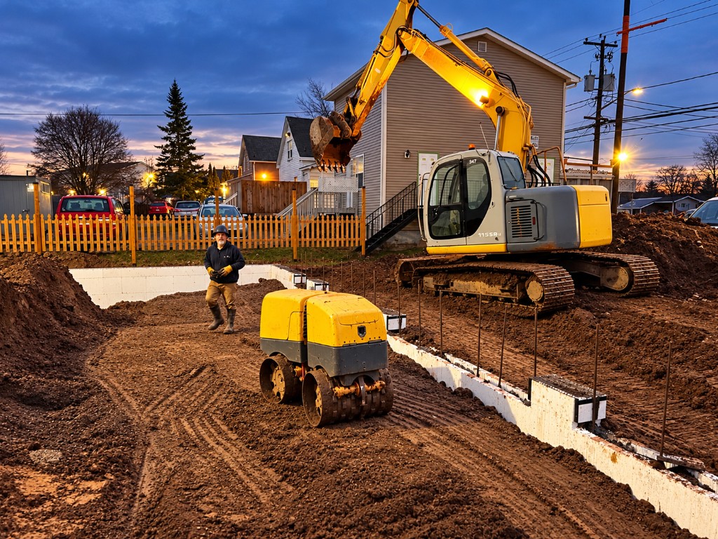 A yellow excavator and a roller on a residential foundation site at dusk, with a crew member walking beside poured foundation walls