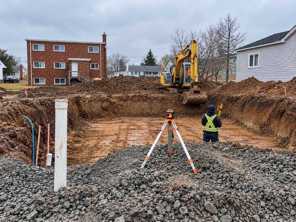 A Choreguys excavator digging a foundation on a residential lot, with a laser level, gravel, and utility pipes in the foreground