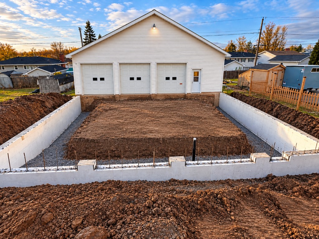 Concrete foundation walls around a gravel and soil pad in front of a new white three-bay garage