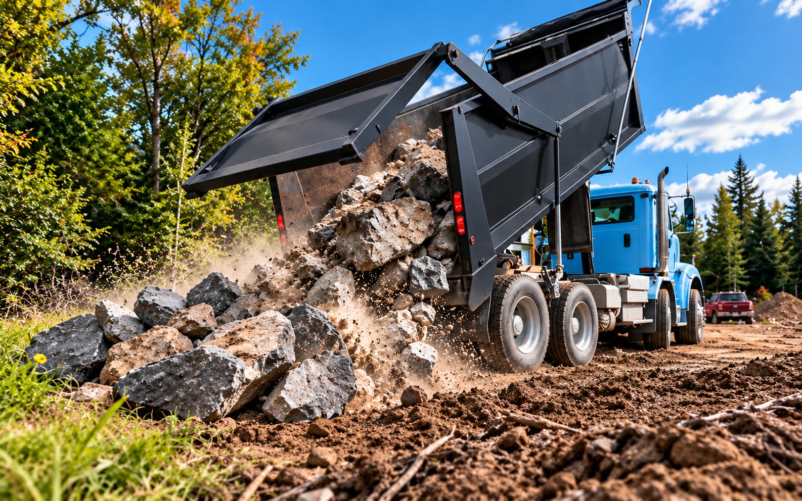 A dump truck unloading a load of rock and fill onto a job site