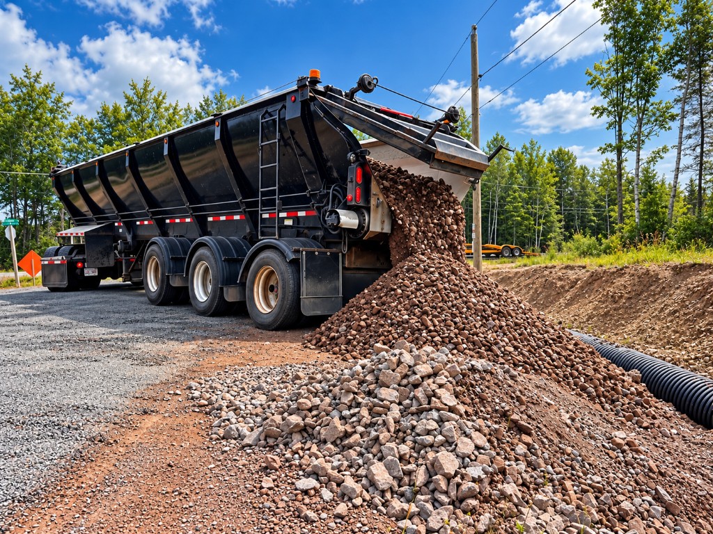 A dump truck unloading a load of rock and gravel onto a job site
