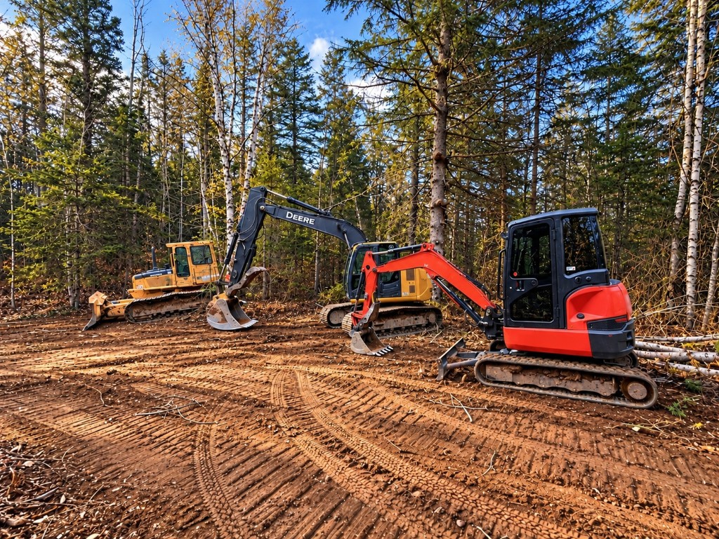 Choreguys excavators and a dozer lined up on a cleared woodlot in fall