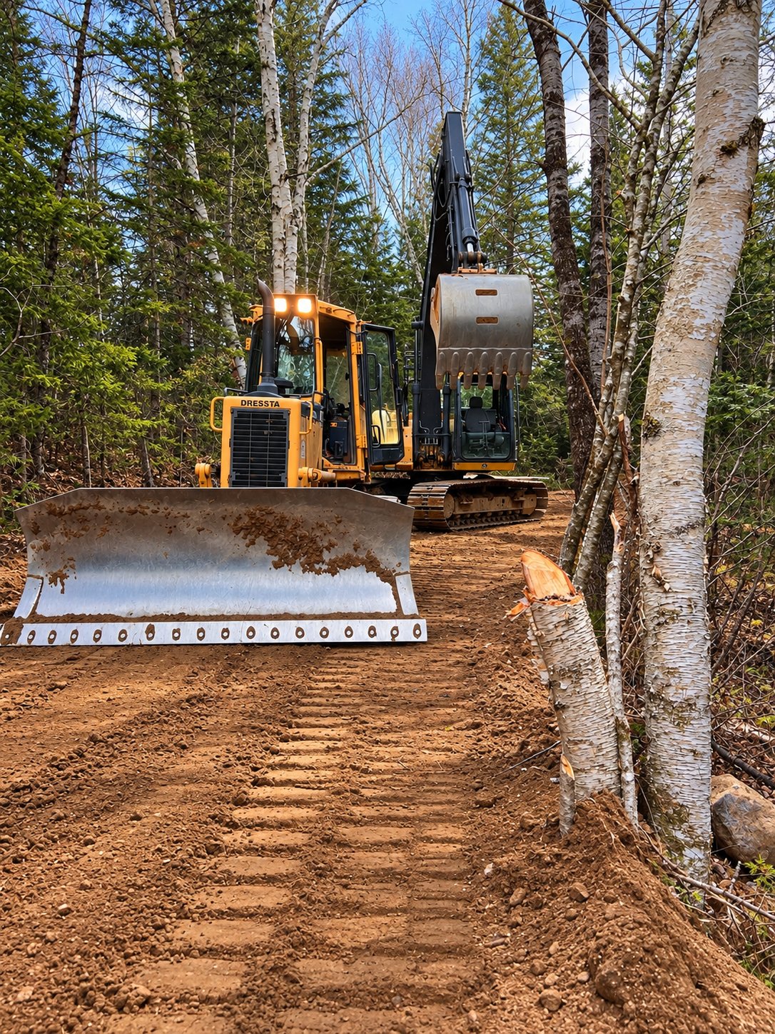 A yellow Choreguys Dressta dozer and an excavator on a freshly built dirt road through birch and spruce woods