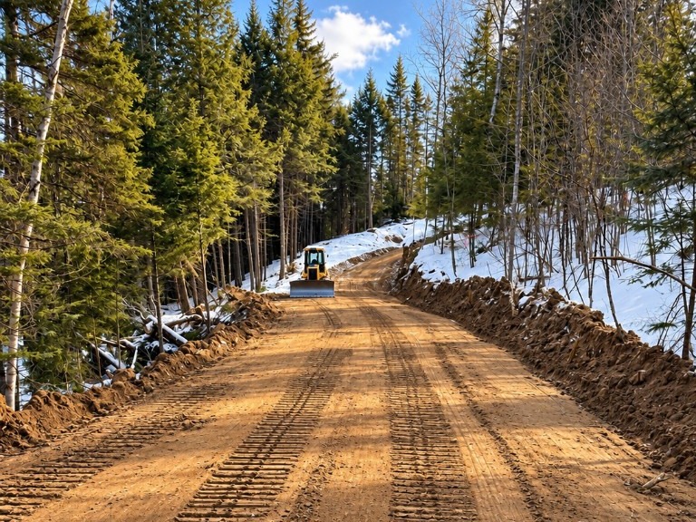 A yellow Choreguys dozer grading a new dirt lane through a snowy woodlot