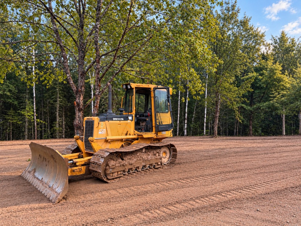 A yellow Choreguys Dressta dozer on a freshly cleared lot, with trees behind it