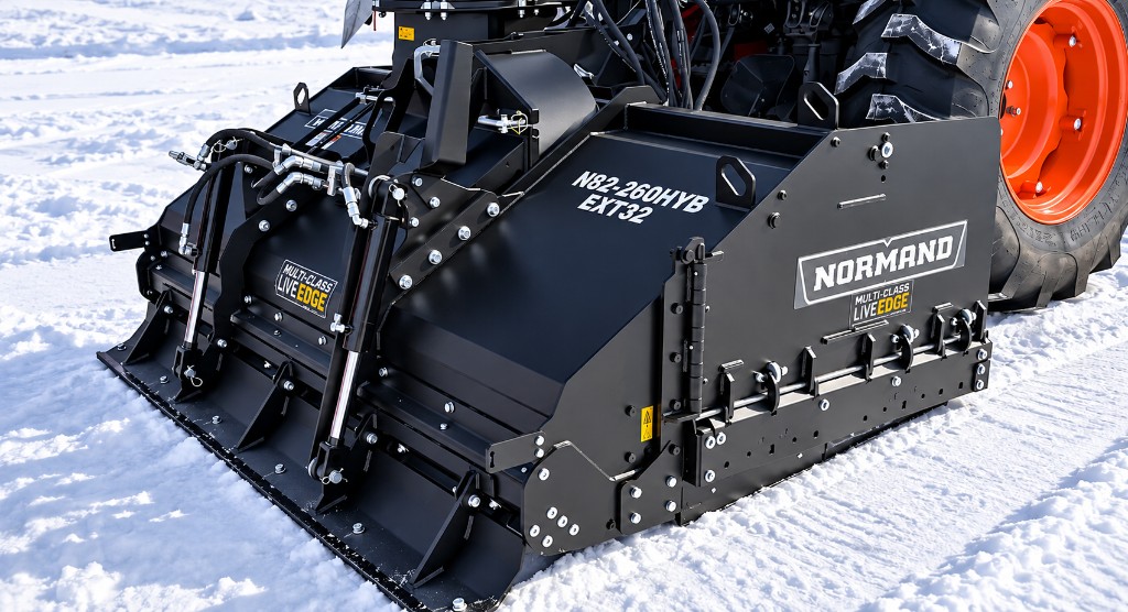 Close-up of a Choreguys Normand hybrid snow blower with a multi-class live edge gravel packer