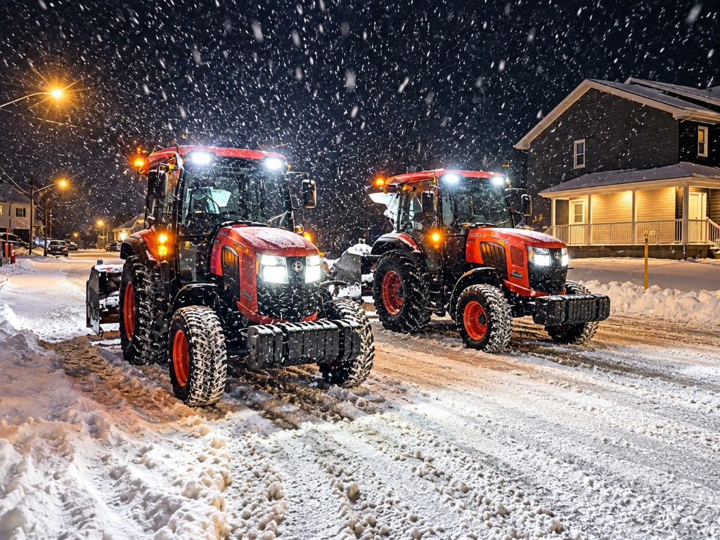 Two Choreguys tractors clearing a residential street at night during a snowstorm