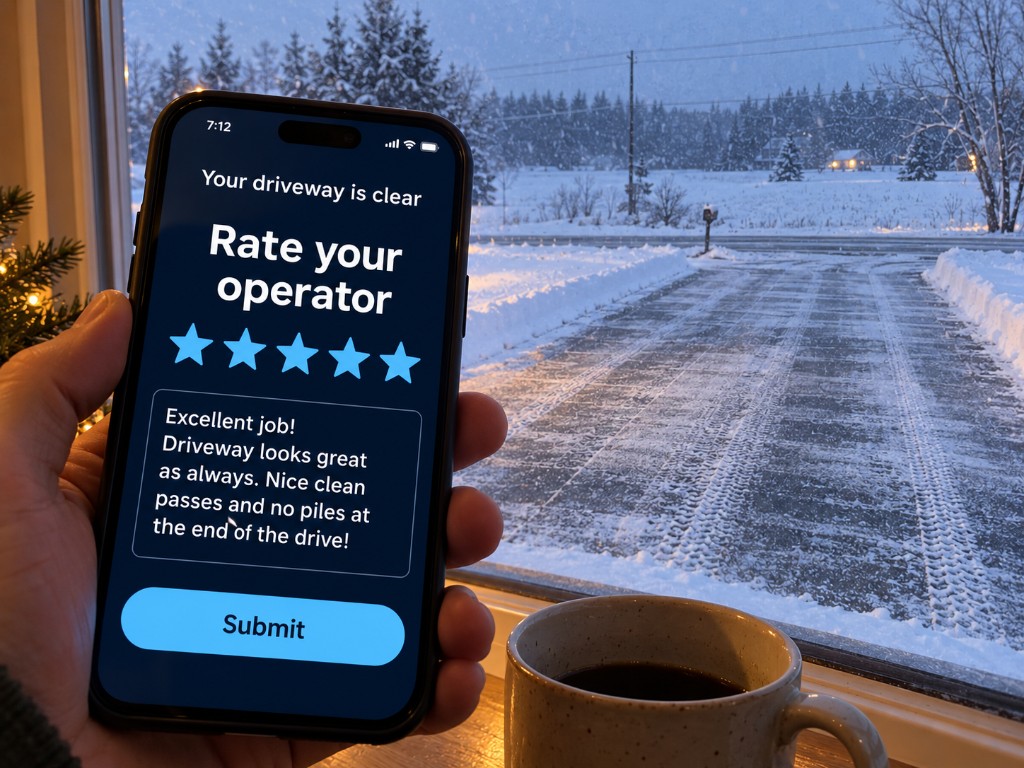 A phone showing the Choreguys rating screen after a driveway is cleared