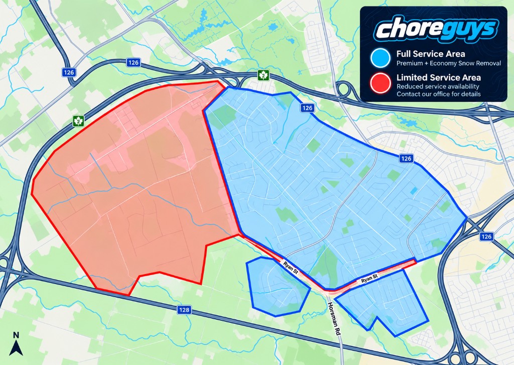 Map of the Choreguys snow removal service area in Moncton North, showing the full service area in blue and the limited service area in red