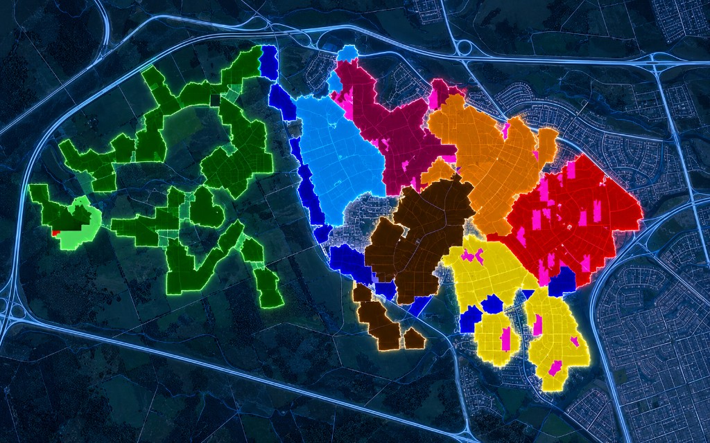 Colored route zones across Moncton North on the Choreguys live tracking map