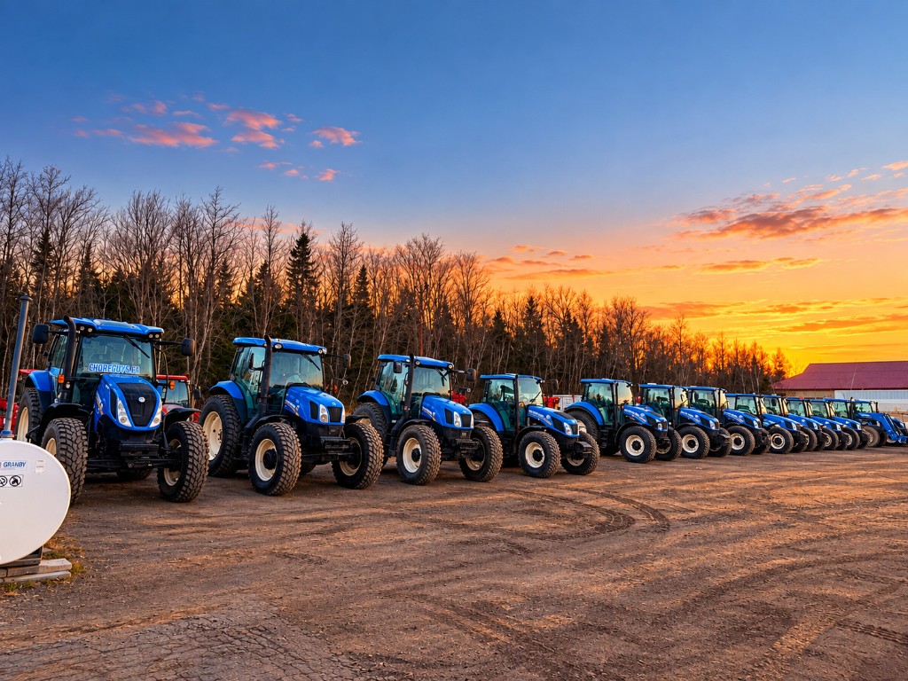 A long line of blue Choreguys tractors parked in the yard at sunset, with bare trees and an orange sky behind them